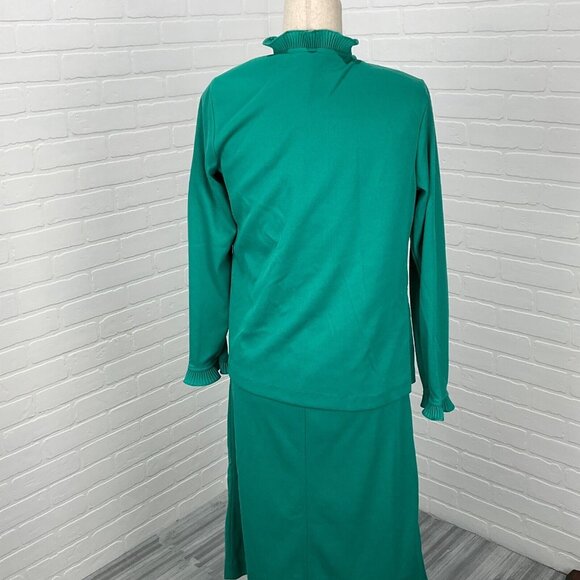 NPC Fashions Dress Jacket Set Women 14 Green Shift‎ Ruffle Career Retro 70s VTG - Picture 4 of 16